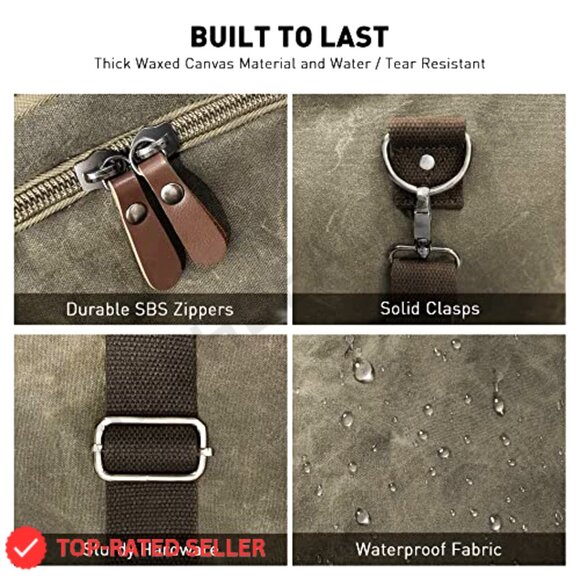 Waxed Canvas Travel Duffle Bag Waterproof Weekender Overnight Carry-On - Picture 6 of 7